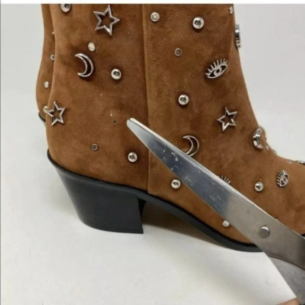 Rebecca Minkoff Booties WMNS 5.5 Brown Suede Studded Celestial Lizzie Stars Moon